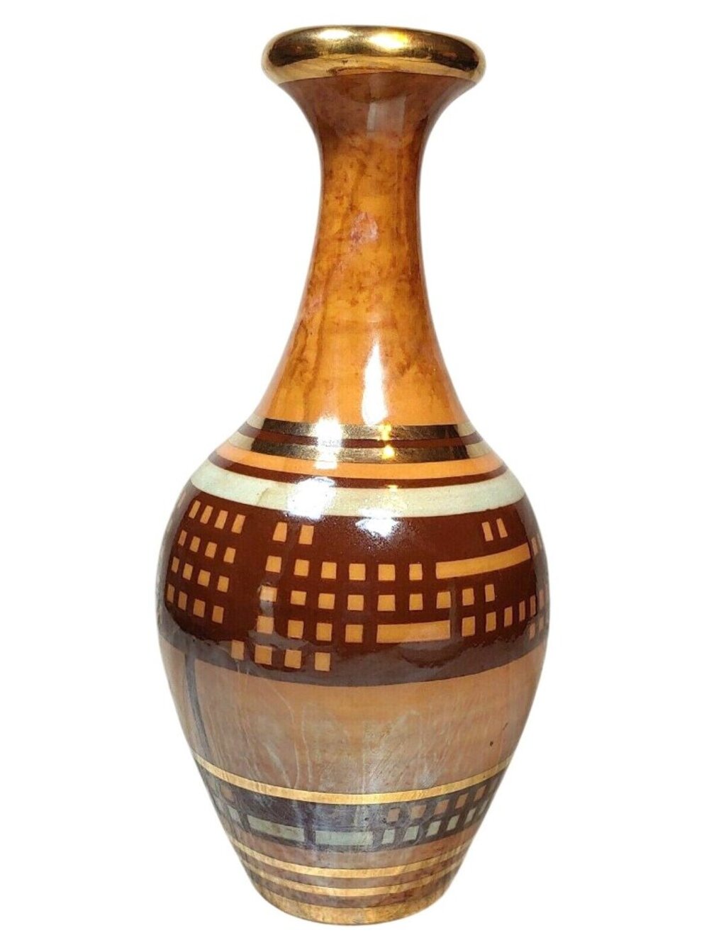 Hand Painted Desgined Inlayed Vase Gold Accents Geometric Design Brown Cream VTG